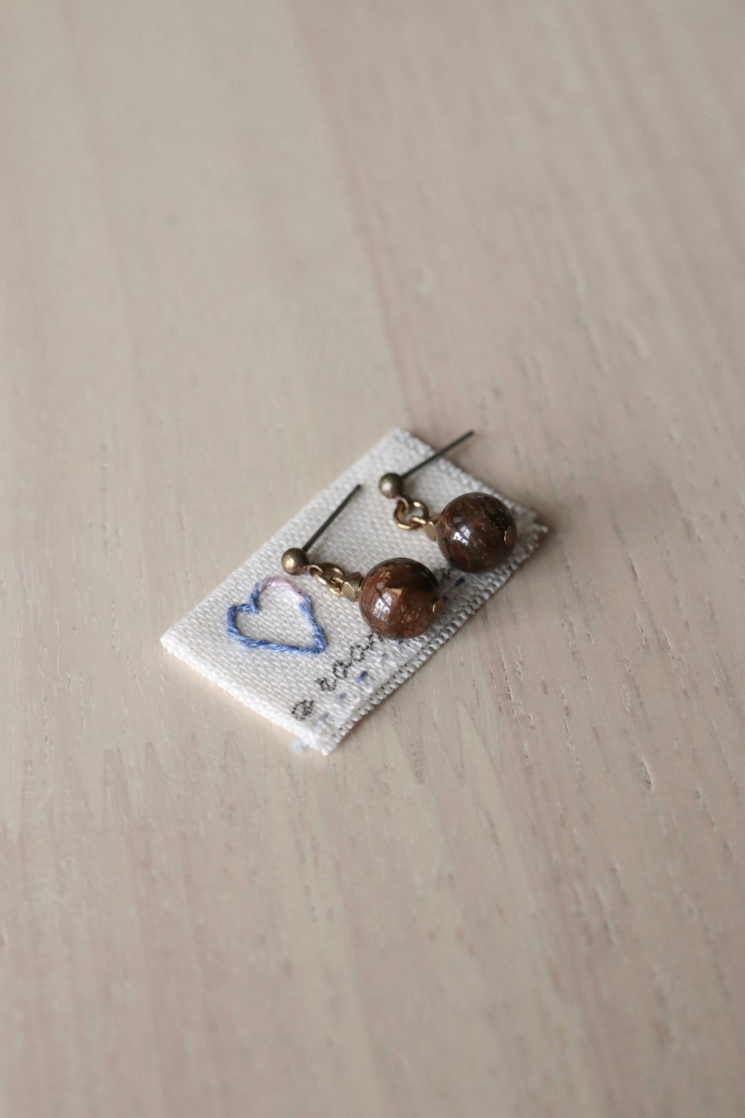 母亲节礼物指南　金磷石黄铜耳环　可改耳夹　手工设计 - 耳环/耳夹 - 玉石 咖啡色