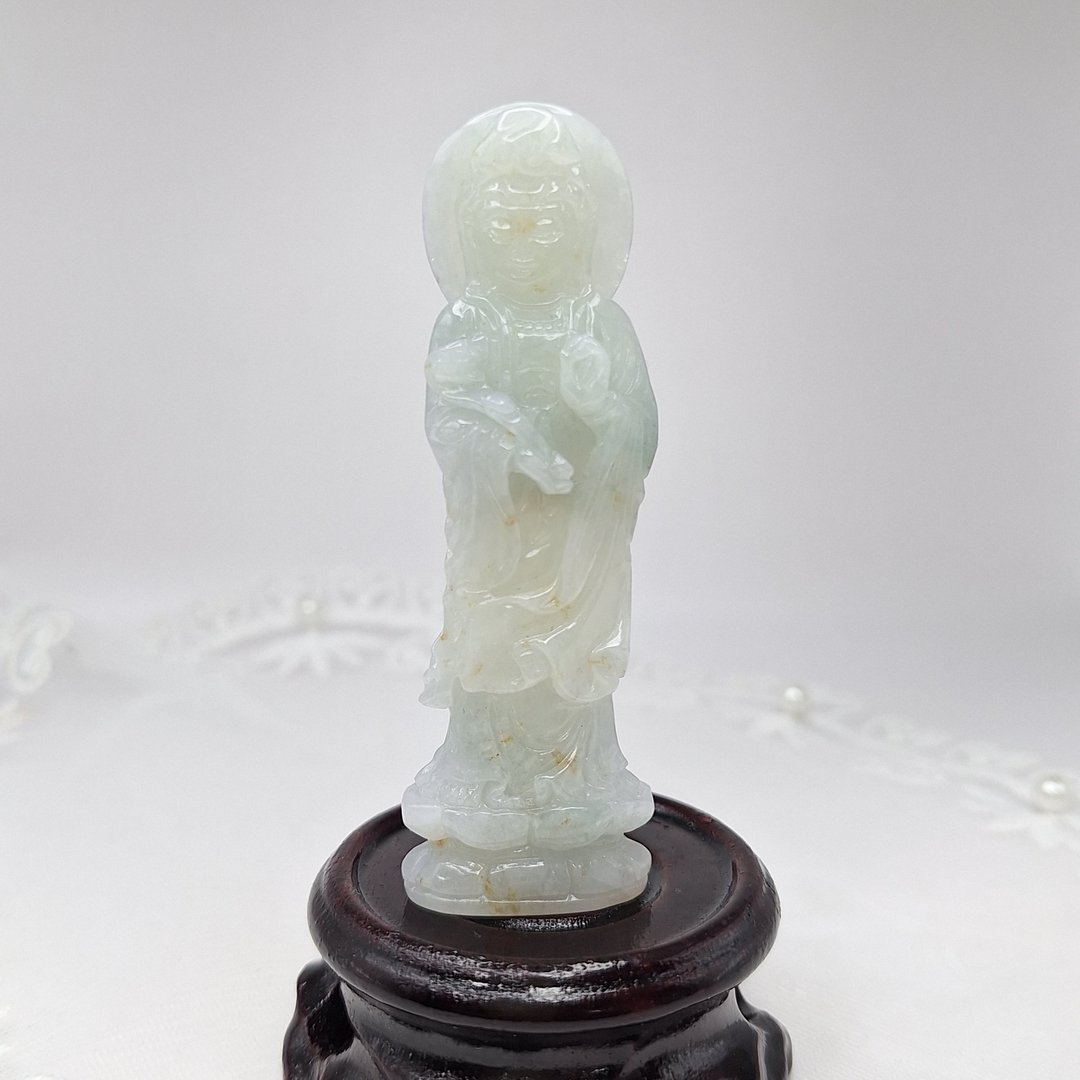 温润带冰桂花糕手工雕刻大慈大悲观世音像摆件 |天然缅甸玉A货翡 - 摆饰 - 玉石 