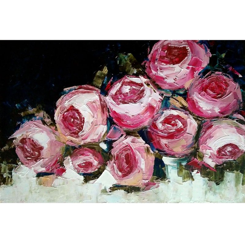 Pink Roses Original Painting, Flower Wall Art, Floral Artwork, Gift for Woman - 海报/装饰画/版画 - 其他材质 多色