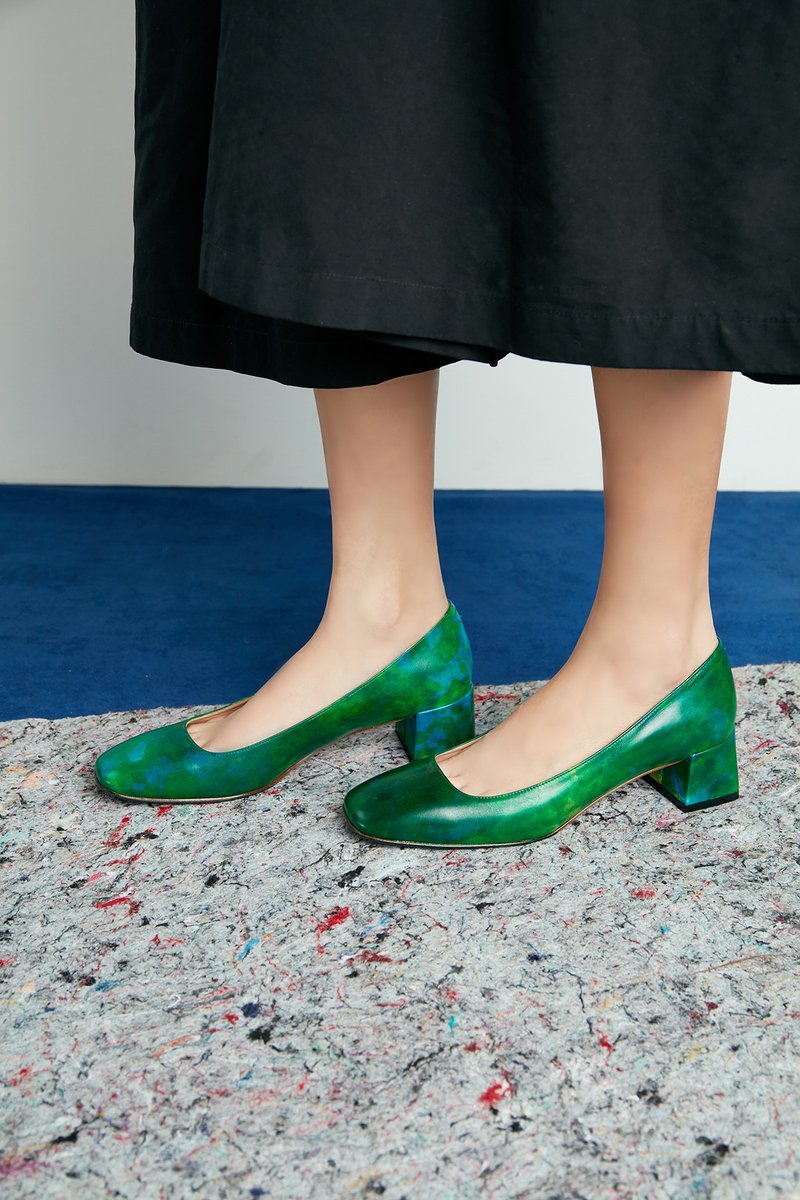 H THREE 经典方头跟鞋/ 绿莫内印象/ 粗跟/ 复古 - 女款牛津鞋/乐福鞋 - 真皮 绿色