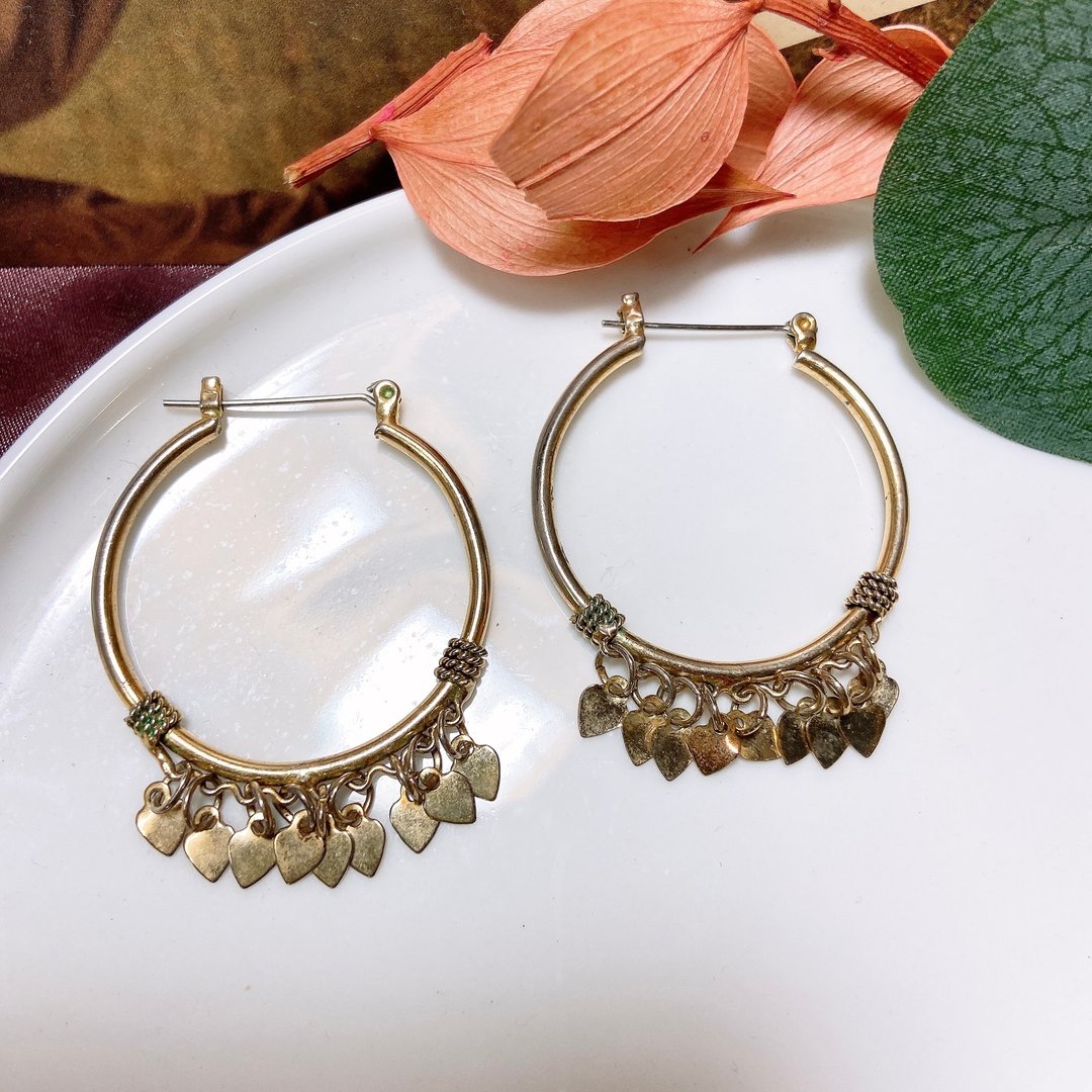 【西洋古董饰品】波希米亚垂坠爱心晃动吊坠 圆形藤编 耳环耳针 - 耳环/耳夹 - 贵金属 金色