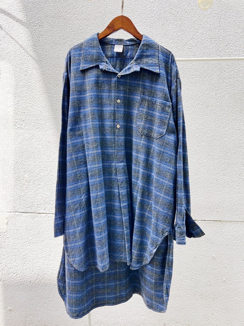 蓝灰色欧洲法兰绒格纹长版 古着上衣衬衫洋装 dress shirt - 女装衬衫 - 棉 多色