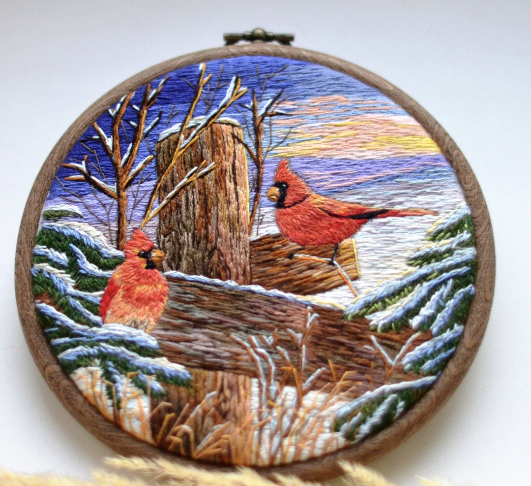 Winter Landscape Embroidery Art, Thread Painting, Hand Embroidery Wall Art - 墙贴/壁贴 - 绣线 多色