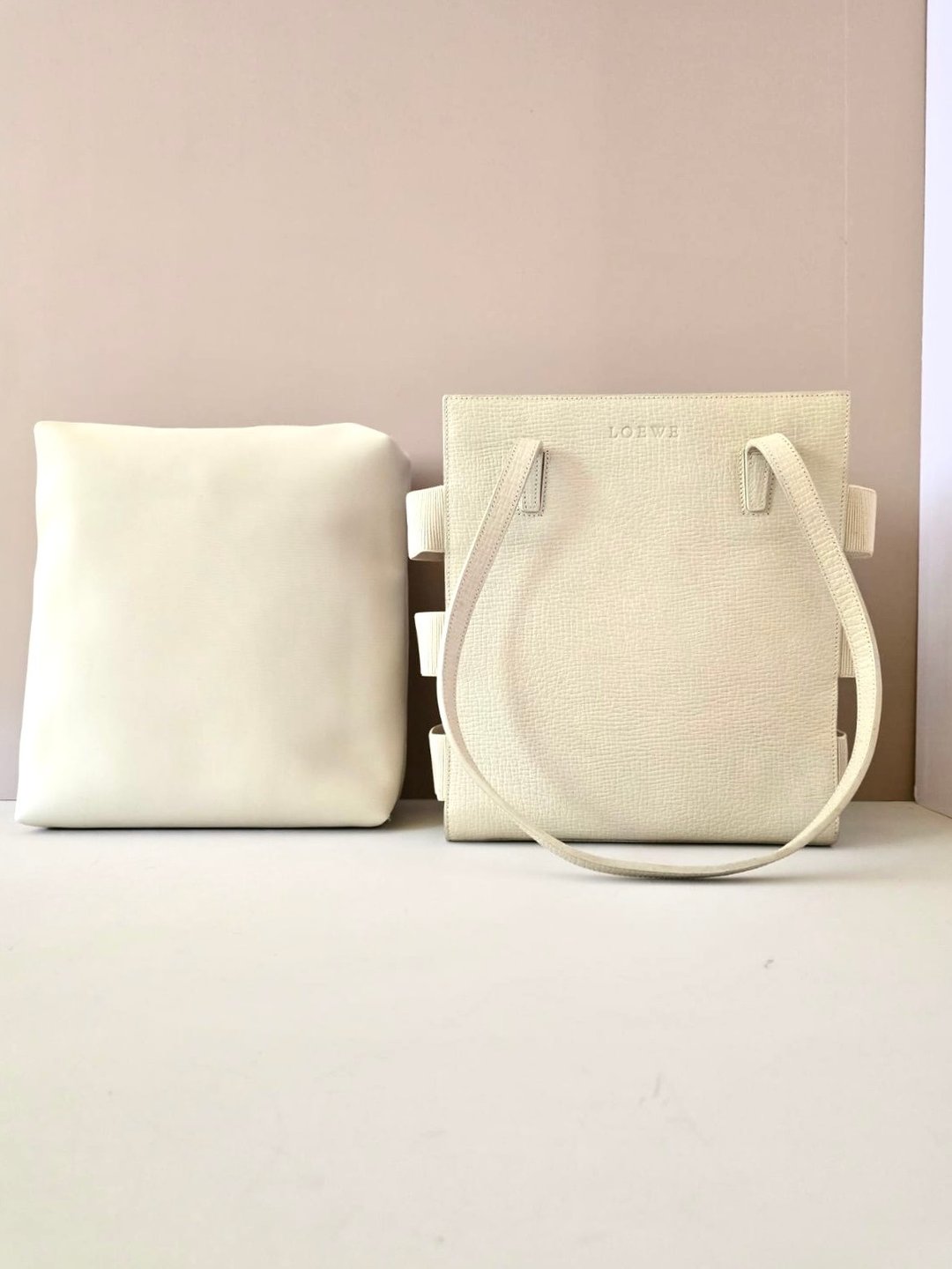稀有中古包 Loewe米白分层托特包 侧背包 单肩包 复古包 二手包 - 侧背包/斜挎包 - 真皮 白色