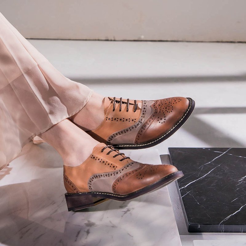 e cho 英伦典迷复古雕花系带牛津鞋 Ec11咖拼 - 女款牛津鞋/乐福鞋 - 真皮 咖啡色