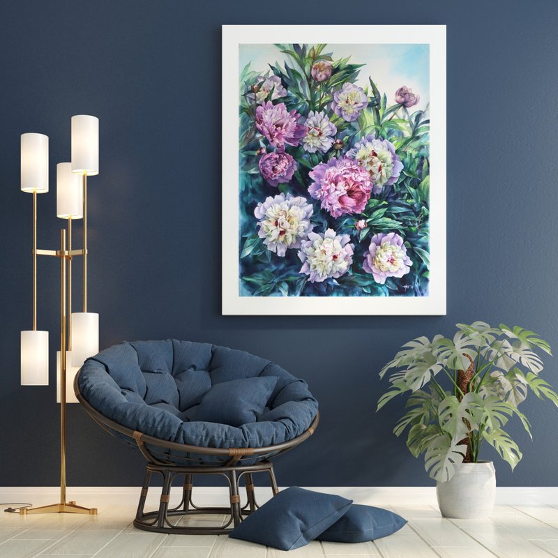 Peony wall art original watercolor painting by artist Irina Zhunaeva - 海报/装饰画/版画 - 纸 多色