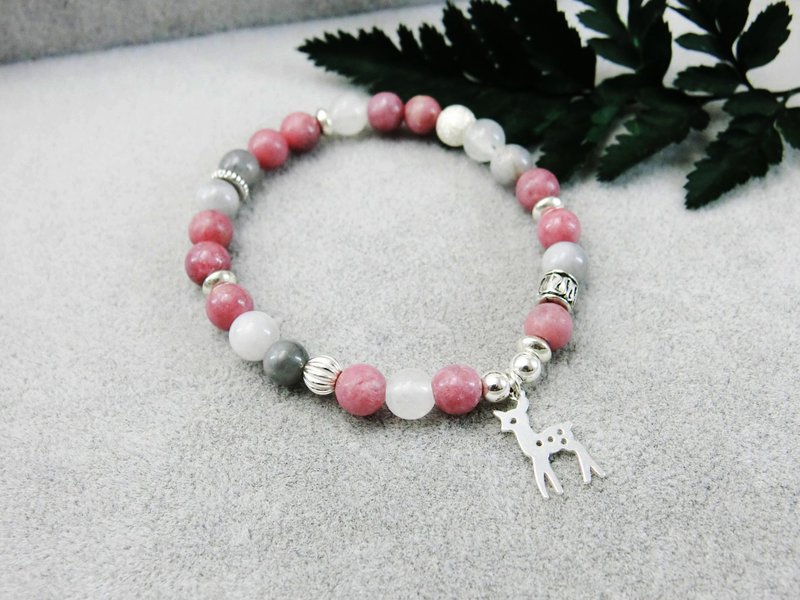 森林里的粉色小鹿天然石银手链 │粉色灰色系 玥unicorn 麋鹿 - 手链/手环 - 宝石 粉红色