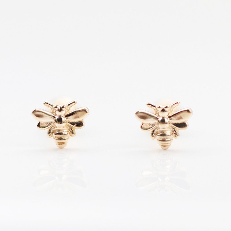 14K 蜜蜂锁珠耳环(单个)耳骨 耳窝 不退色 - 耳环/耳夹 - 贵金属 金色