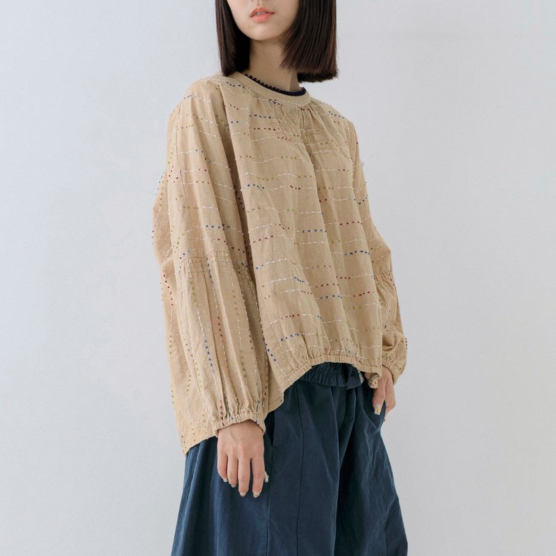 糖粒小球球领边上衣 - 女装上衣 - 棉．麻 咖啡色