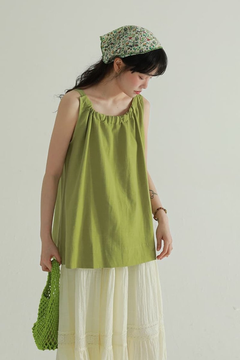 3顏色 背後抽繩細肩帶上衣 文藝復古休閒百搭寬松顯瘦無袖上衣 - 女装背心 - 棉．麻 绿色