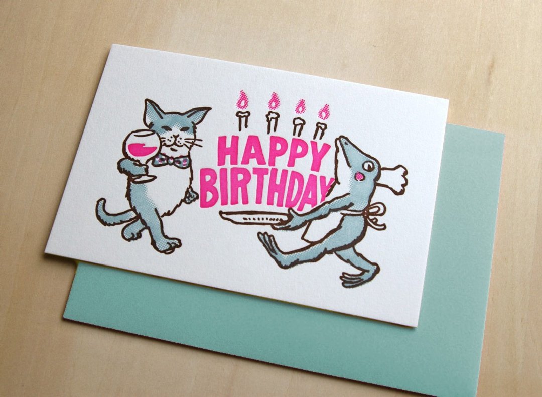 凸版印刷卡片 猫咪与青蛙祝您生日快乐 - 卡片/明信片 - 纸 粉红色