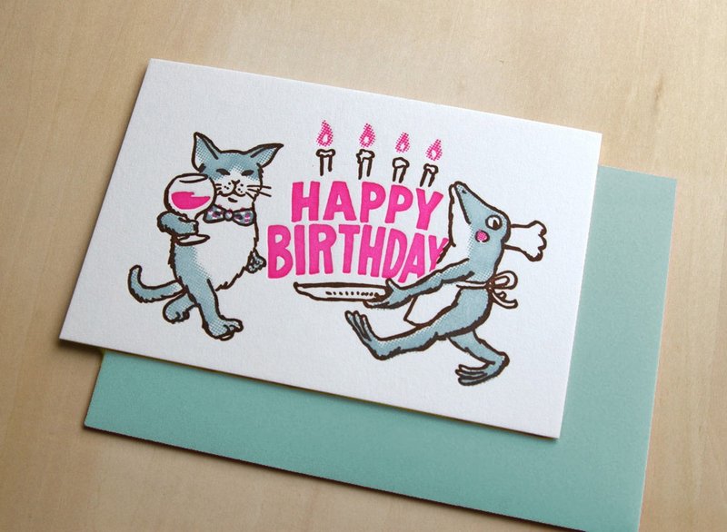 凸版印刷卡片 猫咪与青蛙祝您生日快乐 - 卡片/明信片 - 纸 粉红色