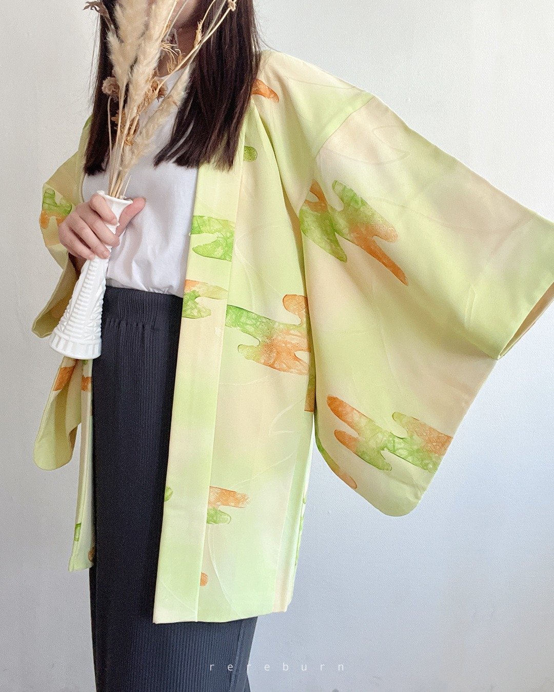 日本制和风水彩渲染印花薄款黄绿色古着羽织和服外套 - 女装休闲/机能外套 - 聚酯纤维 绿色