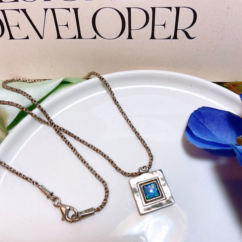 【西洋古董饰品】整条手工全纯银 蓝欧泊石蛋白石镶嵌 艺术 项链 - 项链 - 贵金属 蓝色