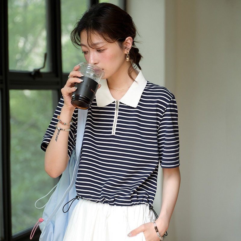 藏青条纹短袖polo衫|衬衫|T恤|夏款|Sora-1235 - 女装衬衫 - 棉．麻 