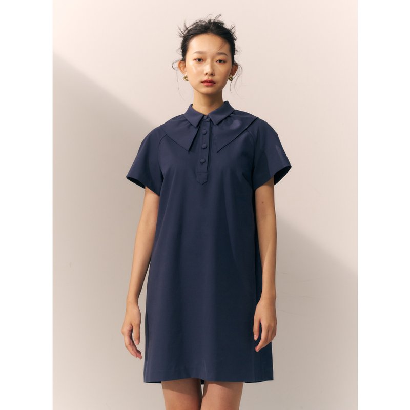 荷叶领与领系绳洋装/午夜蓝 - 洋装/连衣裙 - 其他材质 蓝色