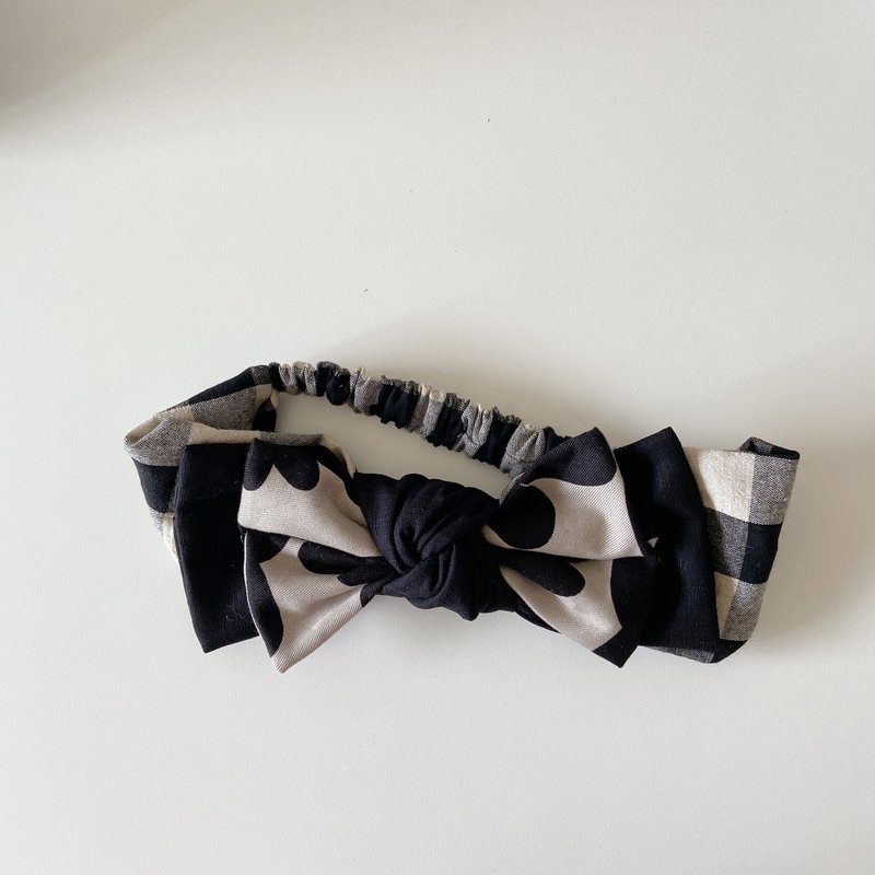 花间 日系 拼接 黑色 格纹 双层蝴蝶扭结发带 ggoomstudio - 发带/发箍 - 棉．麻 黑色
