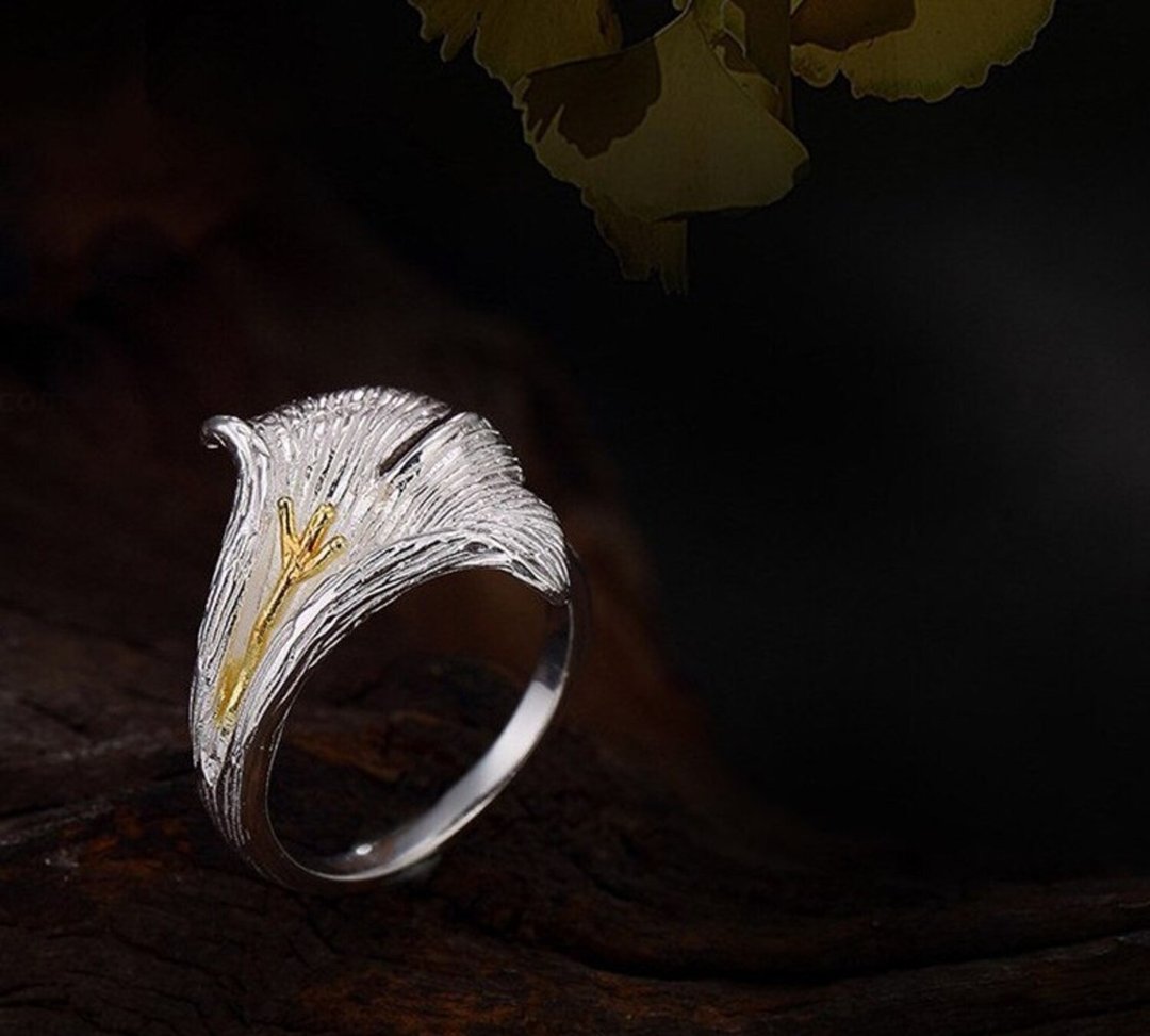 Real S999 Fine Silver Jewelry Handmade Ginkgo Biloba Leaves Women Finger Rings - 戒指 - 纯银 银色