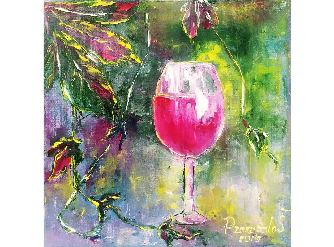 Italy Painting Glass Wine Art Original artwork Classic Still Life Small Painting - 墙贴/壁贴 - 其他材质 粉红色