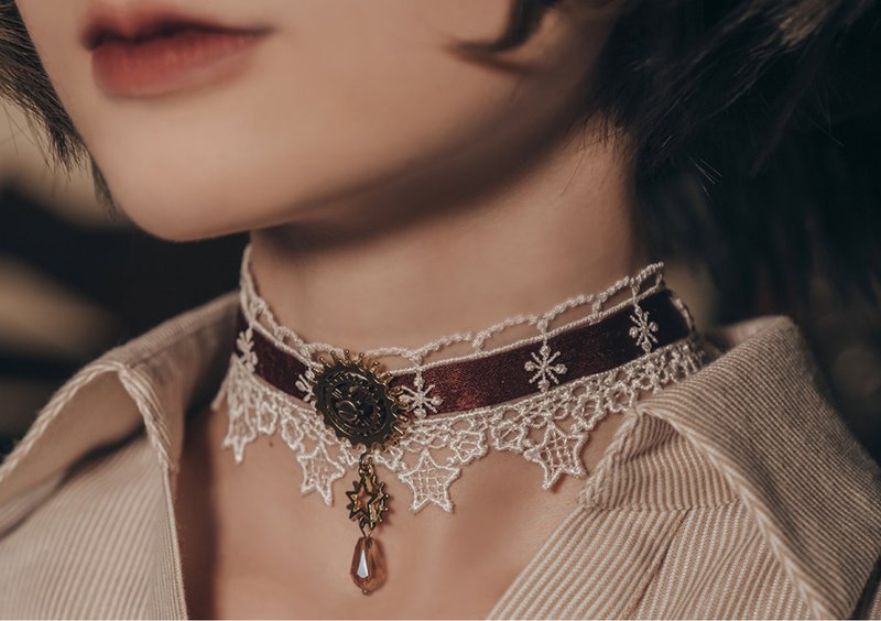 蒸汽朋克 圣诞星星 暗红缎带 黑白蕾丝 choker 脖圈颈饰 项链 - 项链 - 铝合金 多色