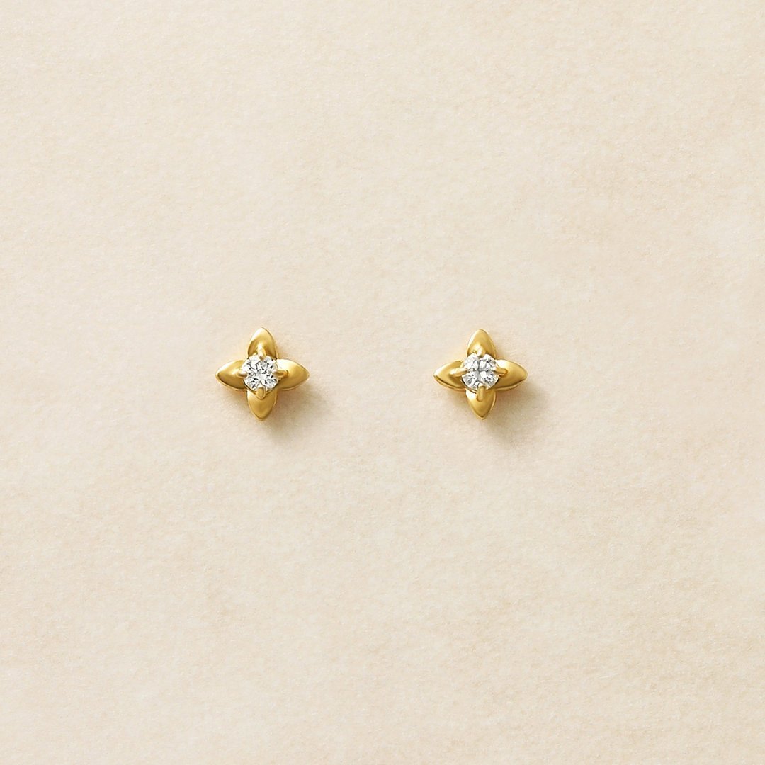 【Second Earrings】 18K 黄金迷你花朵耳环0.04ct - 耳环/耳夹 - 贵金属 
