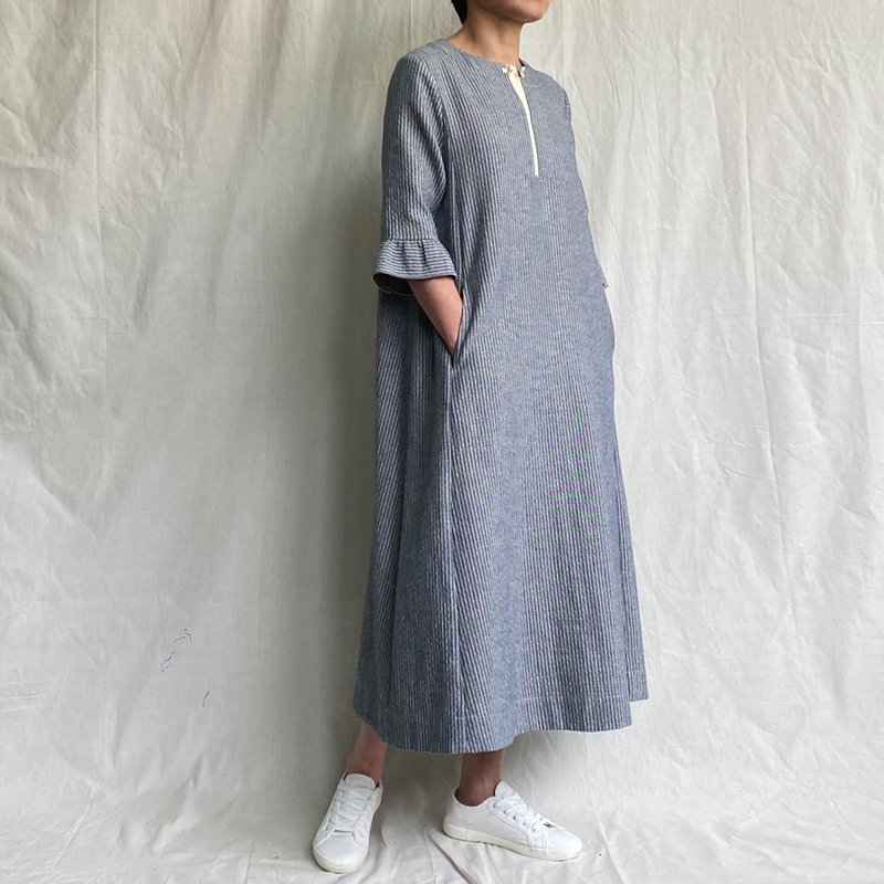 麻棉复古条纹洋装 - 洋装/连衣裙 - 棉．麻 灰色