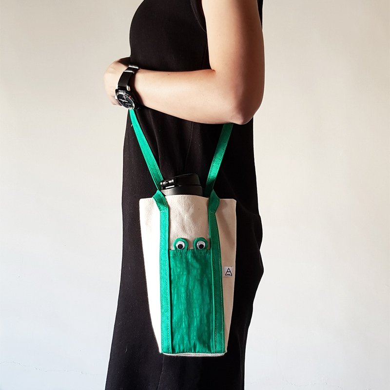 Ariel's wonderland/环保饮料杯袋/呱呱蛙/可斜背 - 随行杯提袋/水壶袋 - 棉．麻 绿色