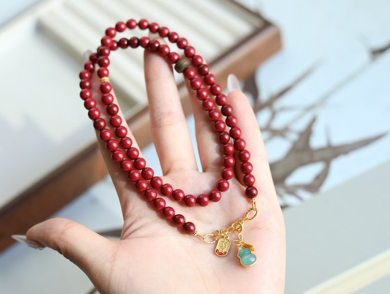 6mm天然原矿朱砂. 紫金砂 危料蓝水翡翠纳福葫芦 设计多圈手串项s - 手链/手环 - 半宝石 红色