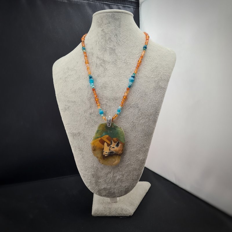 沙漠狐狸大耳朵项链手绘首饰微缩画 - 项链 - 石头 黄色