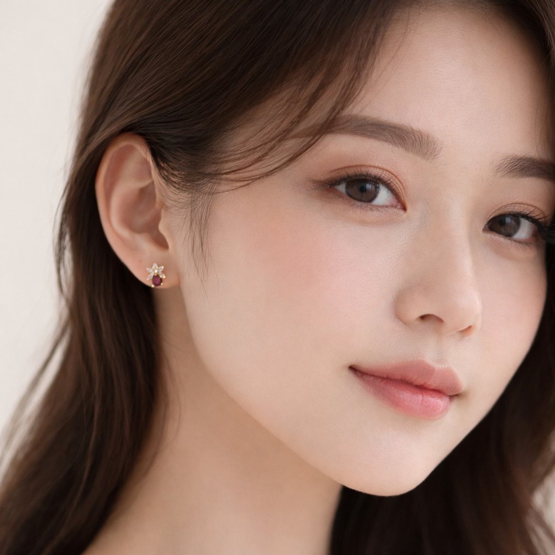 Petal Spark 石榴石耳钉 精致小巧 闪耀花形设计 日常百搭耳饰 - 耳环/耳夹 - 宝石 红色