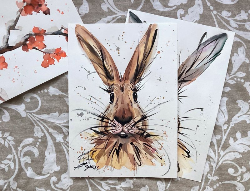 Watercolor original 8x11 inches hare room decor bunny painting by Anne Gorywine - 墙贴/壁贴 - 纸 