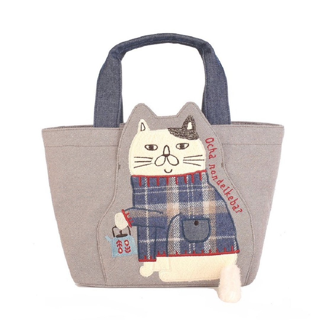 【Kusuguru Japan】猫泽系列大口袋-立体尾巴手提托特包-灰色 - 手提包/手提袋 - 棉 卡其色