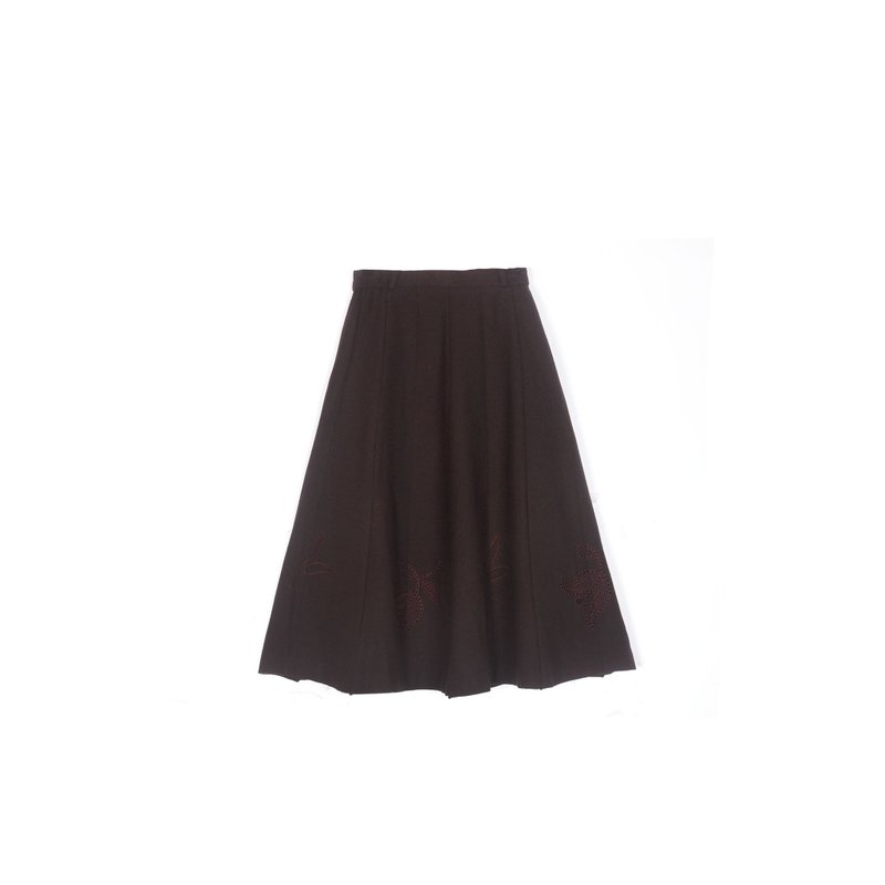 【蛋植物古着】花型刺绣古着毛料圆裙 - 裙子 - 羊毛 咖啡色