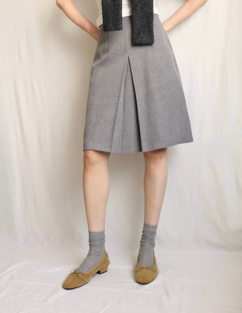 古着学院风麻灰及膝微A字箱折裙 24-25寸腰 - 裙子 - 羊毛 灰色