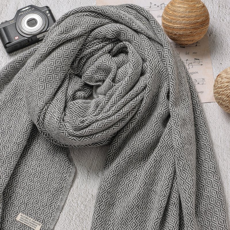 【厚款】喀什米尔羊毛围巾/披肩  钻石纹黑灰色 手工机织 - 围巾/披肩 - 羊毛 灰色
