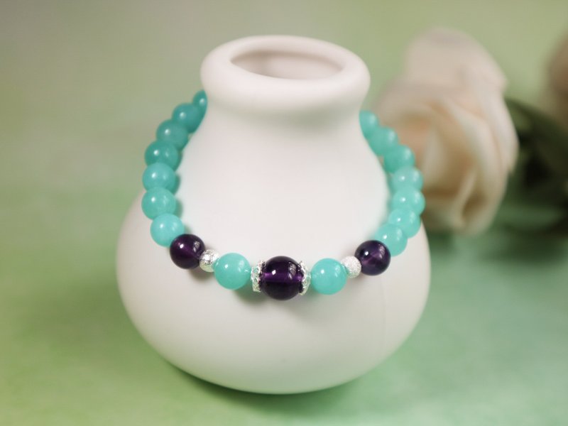 【碧绿】紫水晶 天河石 925纯银设计手链 - 手链/手环 - 宝石 绿色