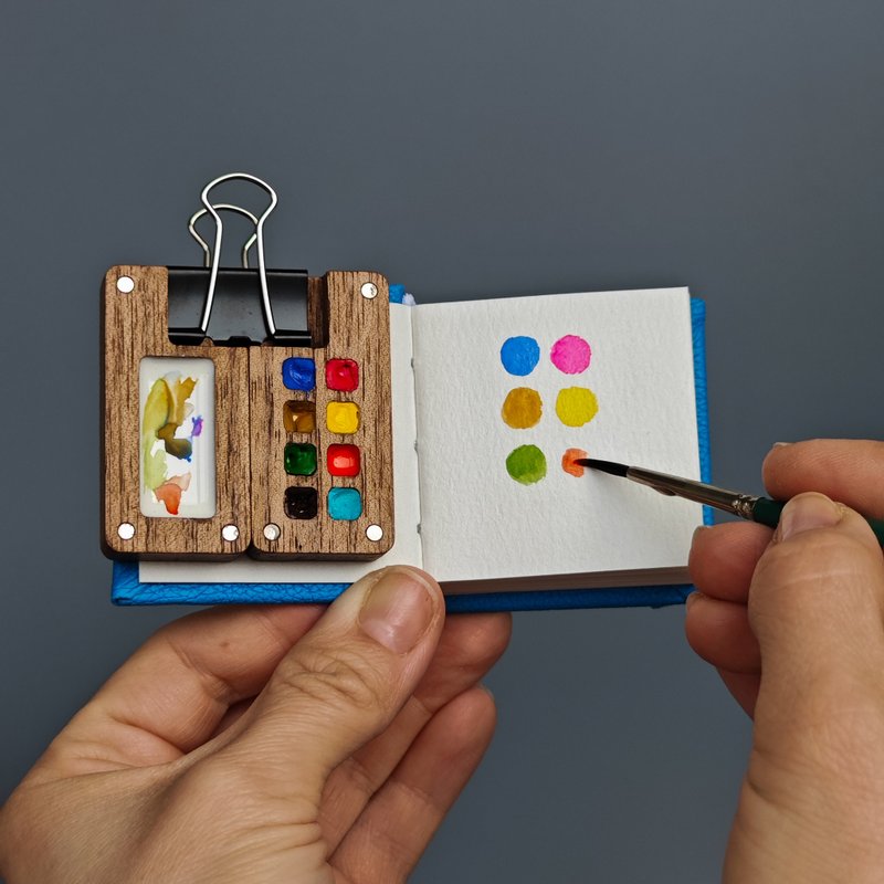 迷你木质水彩调色板（8格）搭配黄色小水彩素描本 - 笔记本/手帐 - 木头 紫色