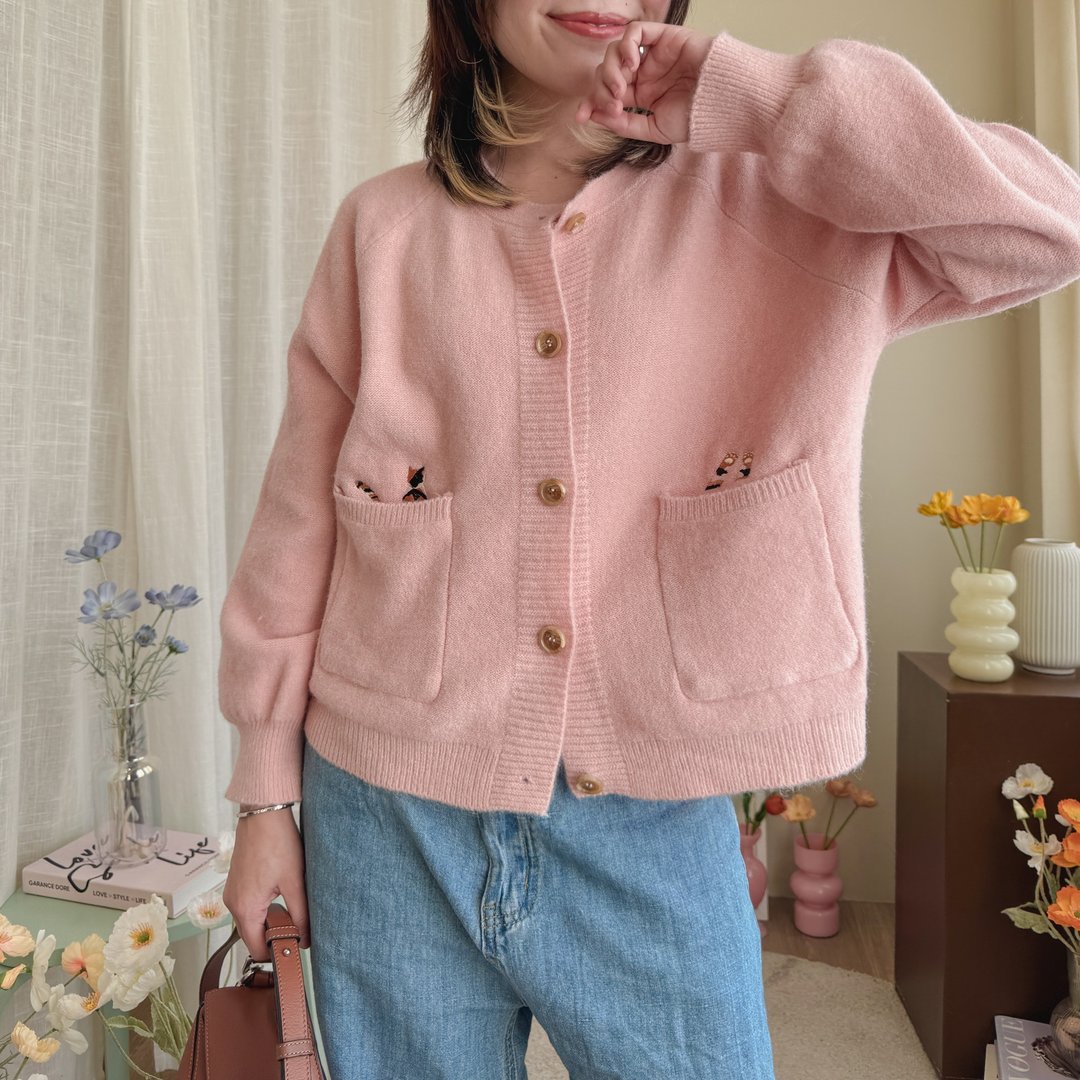 Cardigan 有口袋开襟衫 Pink 粉红色的 : 猫 - 女装针织衫/毛衣 - 聚酯纤维 粉红色