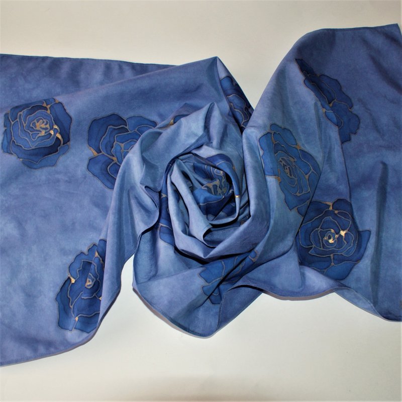 Silk cotton blend scarf Hand painted scarf Indigo blue scarf wrap Floral scarves - 丝巾 - 丝．绢 蓝色