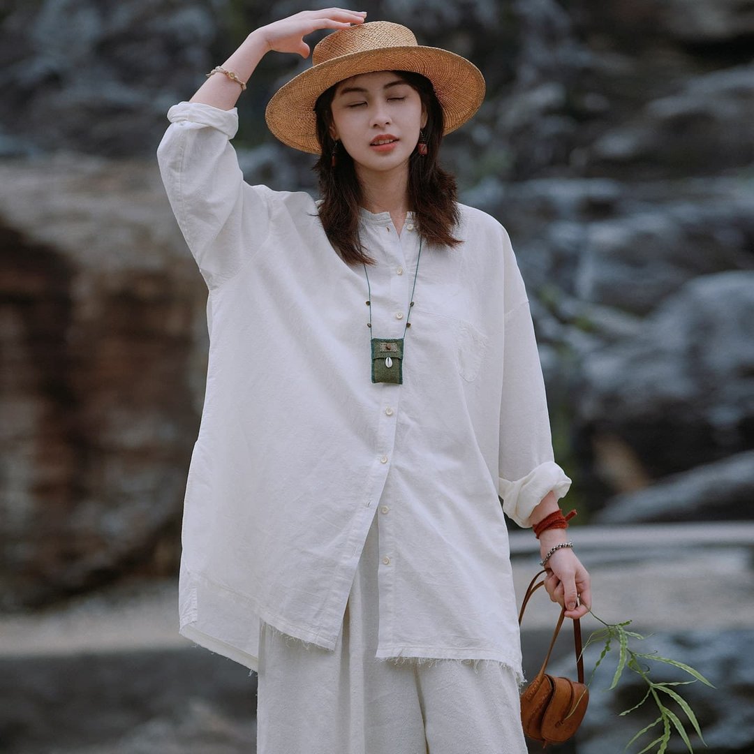 棉白色 棉麻輕薄寬松長袖開衫 休閒防曬長襯衫 - 女装衬衫 - 棉 白色