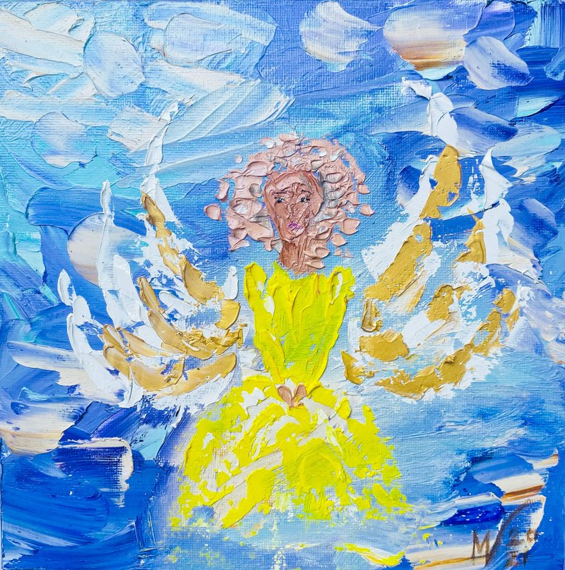 天使绘画宗教原创艺术 8 英寸天使艺术品童话金色小油画 - 海报/装饰画/版画 - 其他材质 多色