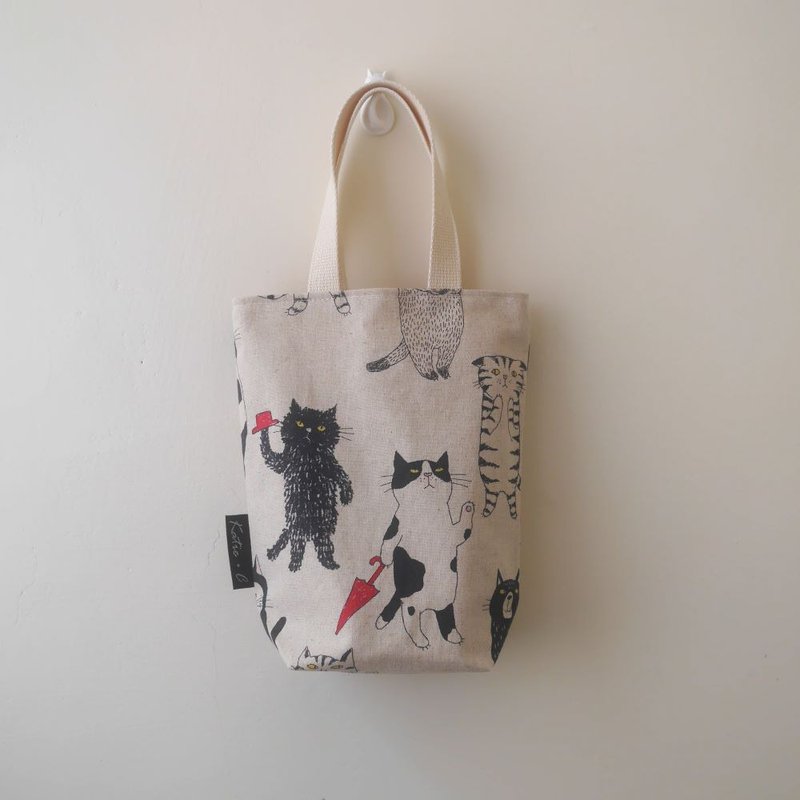 环保饮料提袋/早餐袋/小物袋/散步包=日本棉布=喵星人=米白 - 随行杯提袋/水壶袋 - 棉．麻 