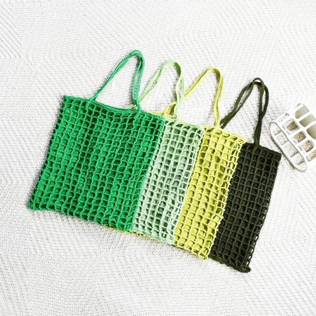 Grid Green tone linna crochet tote bag - 手提包/手提袋 - 棉 绿色