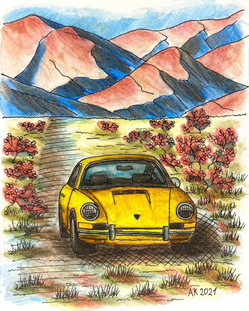 秋航水彩画，保时捷 911 艺术品，自然驾驶，黄色汽车 - 墙贴/壁贴 - 其他材质 橘色