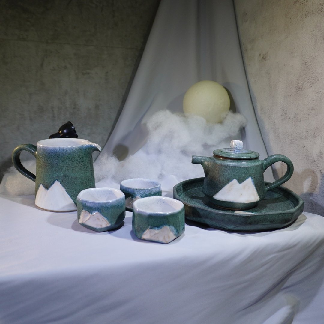 手刻山脉葵绿茶具组 - 茶具/茶杯 - 陶 多色