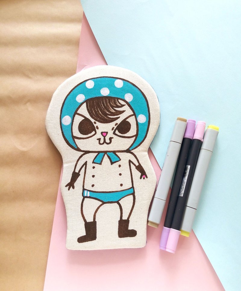 手绘手制多用途夏日水着泳装小贼猫宝公仔小笔袋化妆包杂物包 - 铅笔盒/笔袋 - 棉．麻 白色