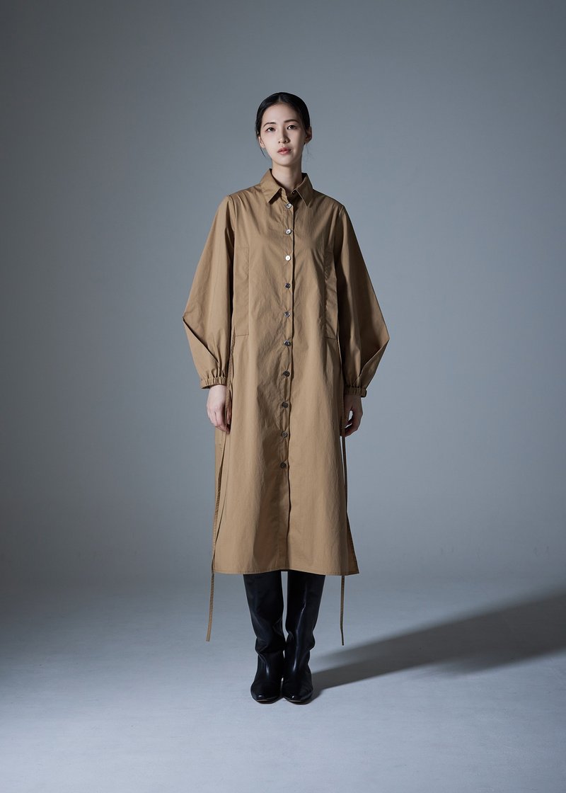 衬衫式抛袖洋装 - 洋装/连衣裙 - 棉．麻 卡其色