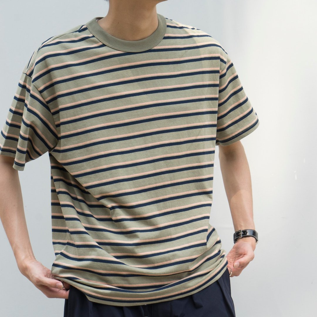 夏季 日系搭配休閒条纹短袖 日常通勤休闲宽松T- shirts - 男装上衣/T 恤 - 棉 绿色