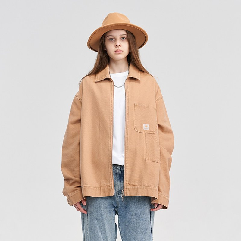 MOKACME 复古伐木口袋工装洗水做旧立体绣花短款夹克 - 男装外套 - 其他材质 卡其色