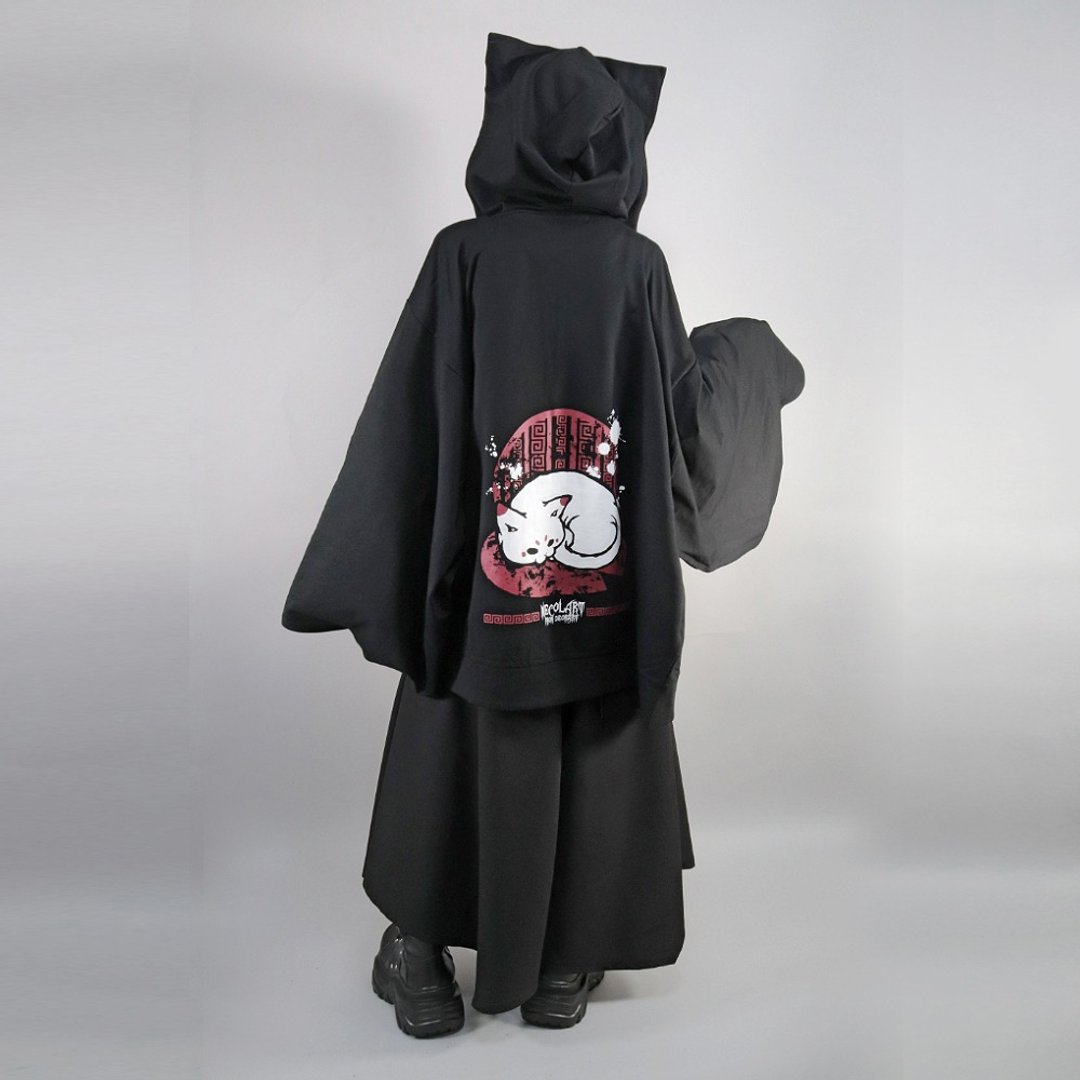 Oversize・后印振袖 猫耳连帽衫 japan gothic rock DRT2751 - 中性连帽卫衣/T 恤 - 聚酯纤维 黑色